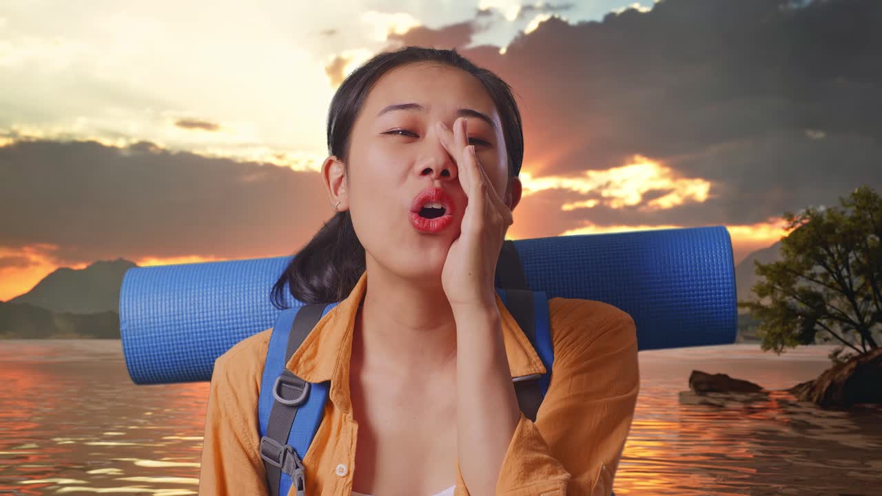 Close Up Of Asian Female Hiker With Mountaineering Backpack Screaming Holding Hands Near Her Mouth While Standing At A Lake During Sunset Time