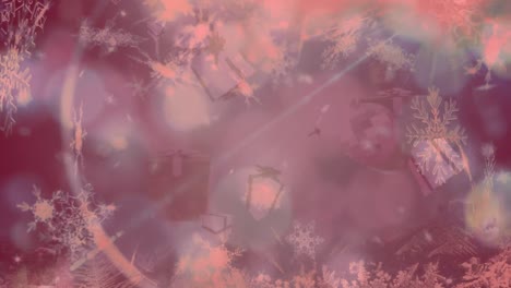 Animation-of-christmas-presents,-balls-and-snow-falling-over-bokeh-background-with-red-filter