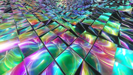 abstract background of reflective holographic cubes creating a wave surface. modern neon lighting, trendy background. 3d animation of seamless loop