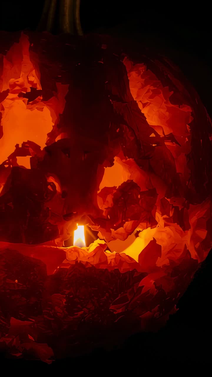 Vertical video: Flickering candle flame lighting carved pumpkin interior at night, releasing smoke