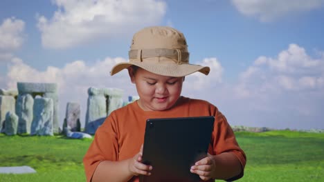 asian boy with a hat using a tablet and smiling while traveling in stonehenge. boy researcher examines something, travel tourism adventure concept, close up