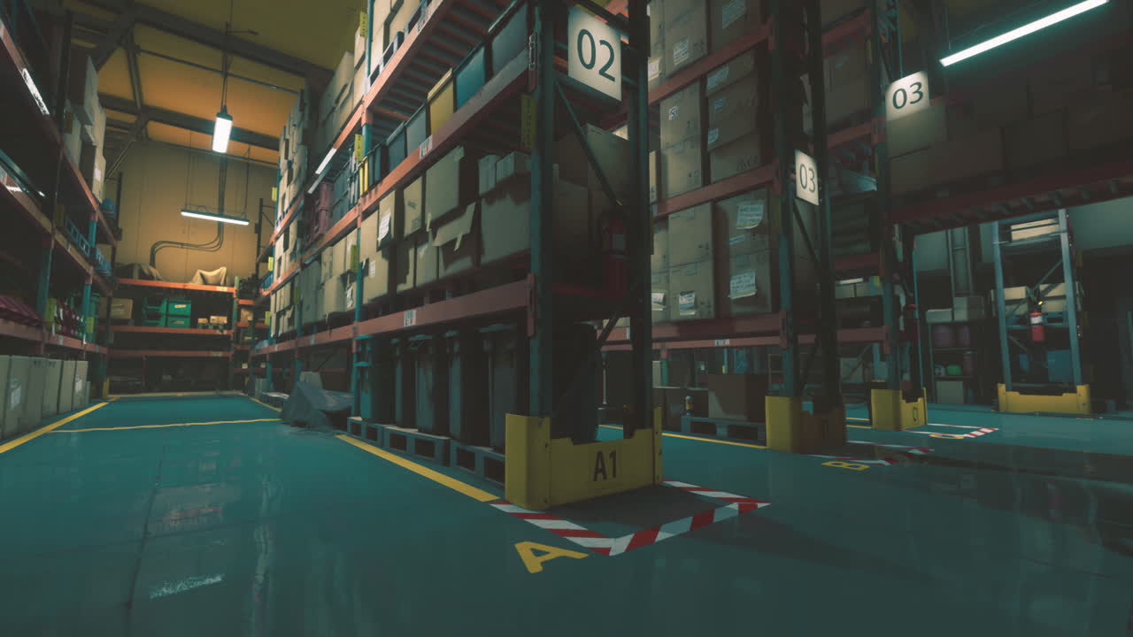 Interior view of a large warehouse showcasing organized shelving units