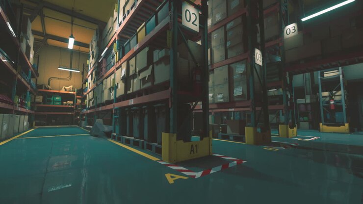 Interior view of a large warehouse showcasing organized shelving units