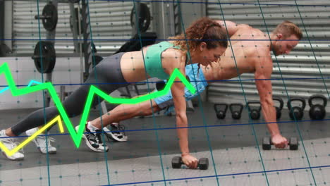 animación de gráficos que se mueven sobre una pareja caucásica en forma realizando ejercicio con pesas en el gimnasio