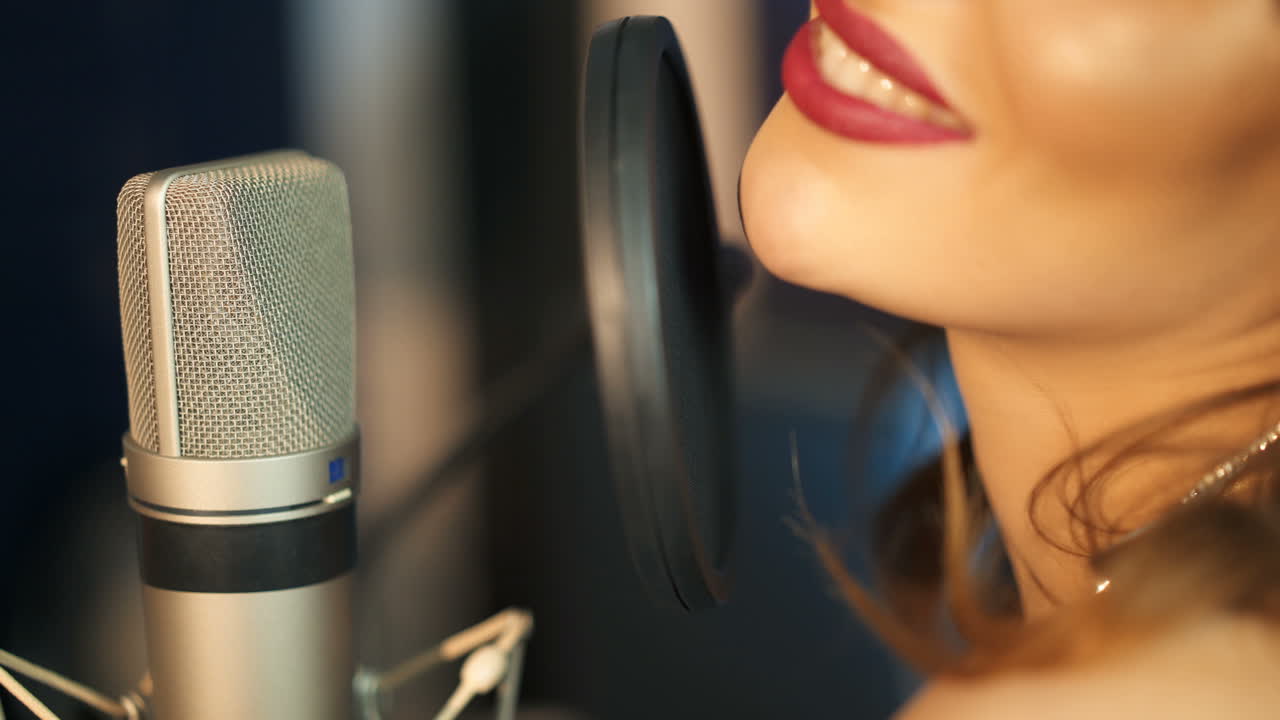 Young woman recording a song in a professional studio. Profile of a woman with a beautiful face and red lips