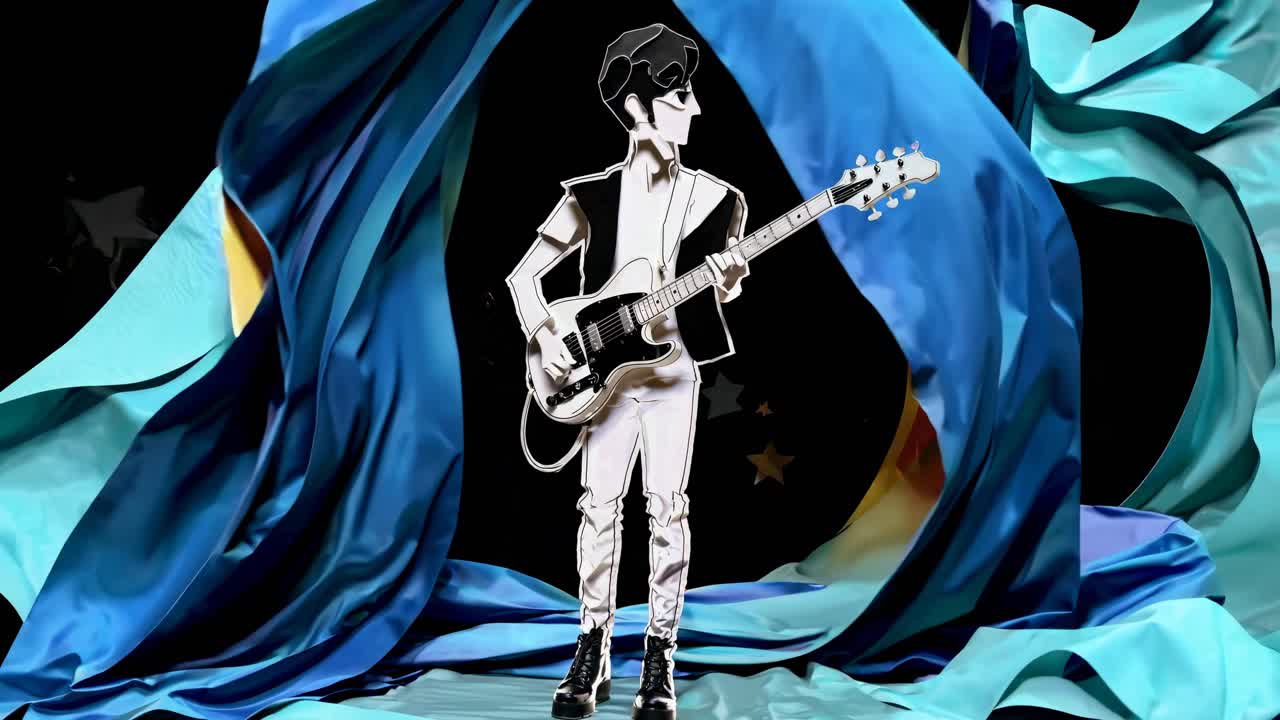 A stylized animated character plays guitar on stage, surrounded by flowing blue fabric