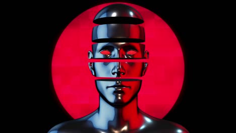 creative retro futuristic motion art. abstract chrome metal human body with hologram shape on black background. modern bright fashion 3d animation. technological digital vivid concept man or woman.