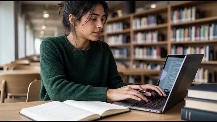 Ung kvinde studerer med bærbar computer og notesbog på biblioteket