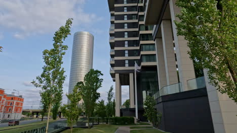 Cinematic-footage-of-Riga-capital-city-of-Latvia-showing-unique-buildings-and-trees-waving-in-the-wind