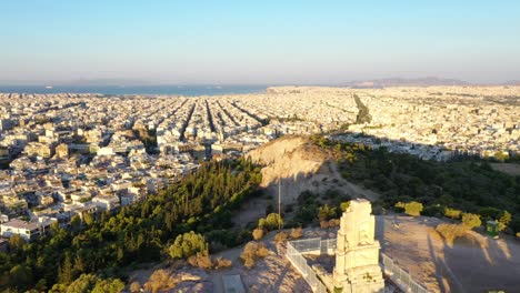 centro de la ciudad del horizonte de atenas, vista aérea al amanecer