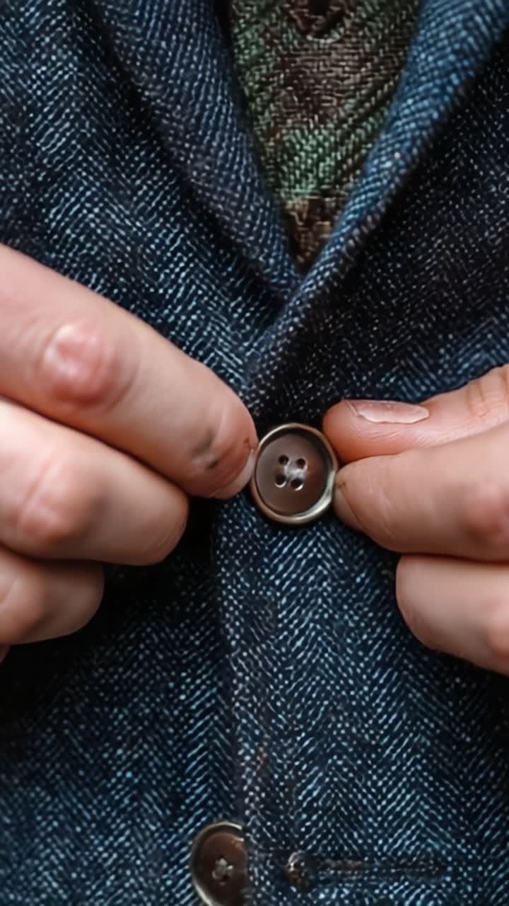 Bidikan Close-Up Mendetail Tangan yang Sedang Mengancingkan Jaket Tweed Biru Bergaya, Menonjolkan Kain Elegan dan Teknik Menjahit untuk Para Penggemar Mode.
