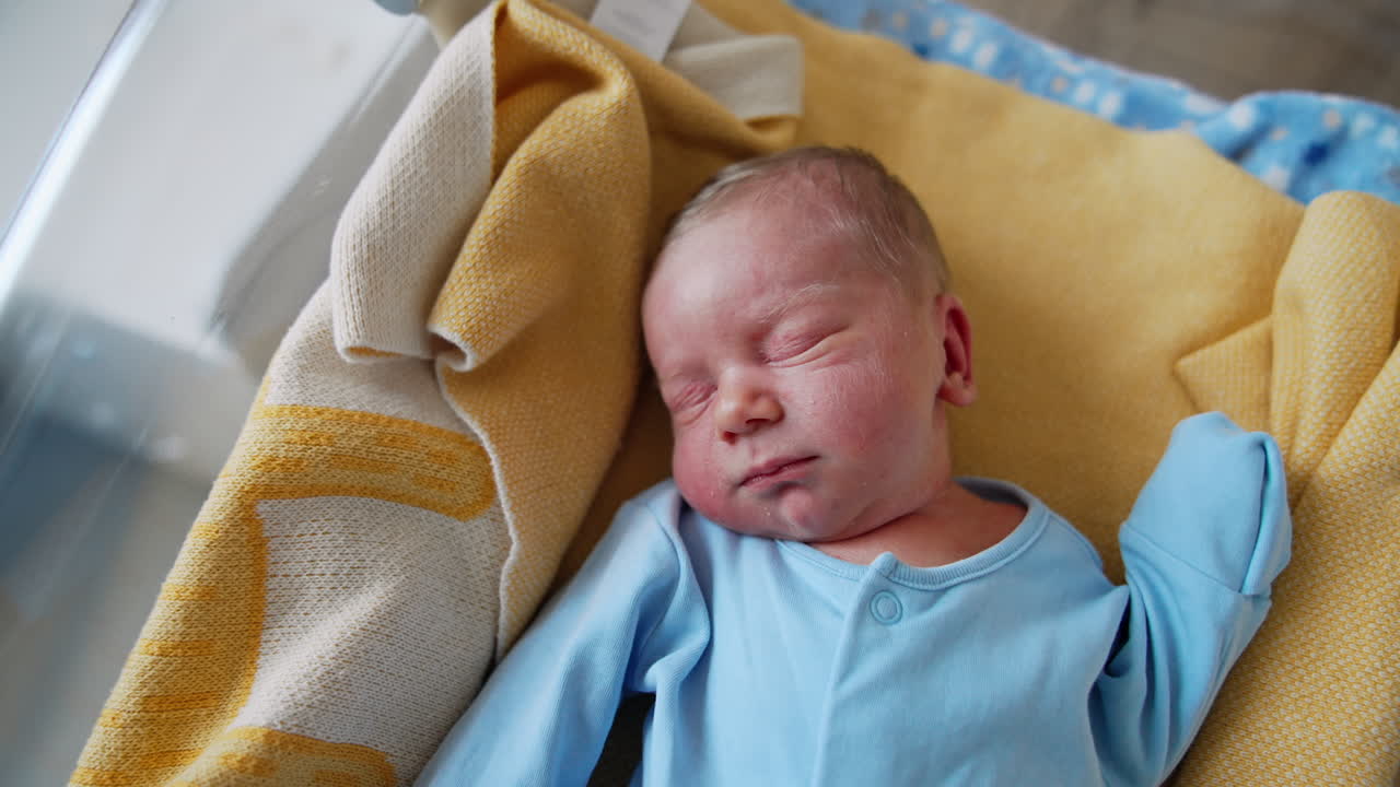 Lovely newborn boy sleeping tight and smiling in his dream. Cute Caucasian baby in a blue bodysuit lying on yellow blanket in the crib. Top view.