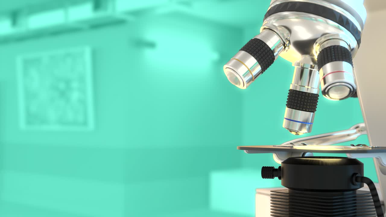 4k 60fps concepto de investigación química - microscopio electrónico en el trabajo automáticamente en teal bokeh, fondo conceptual médico - animación 3d uhd