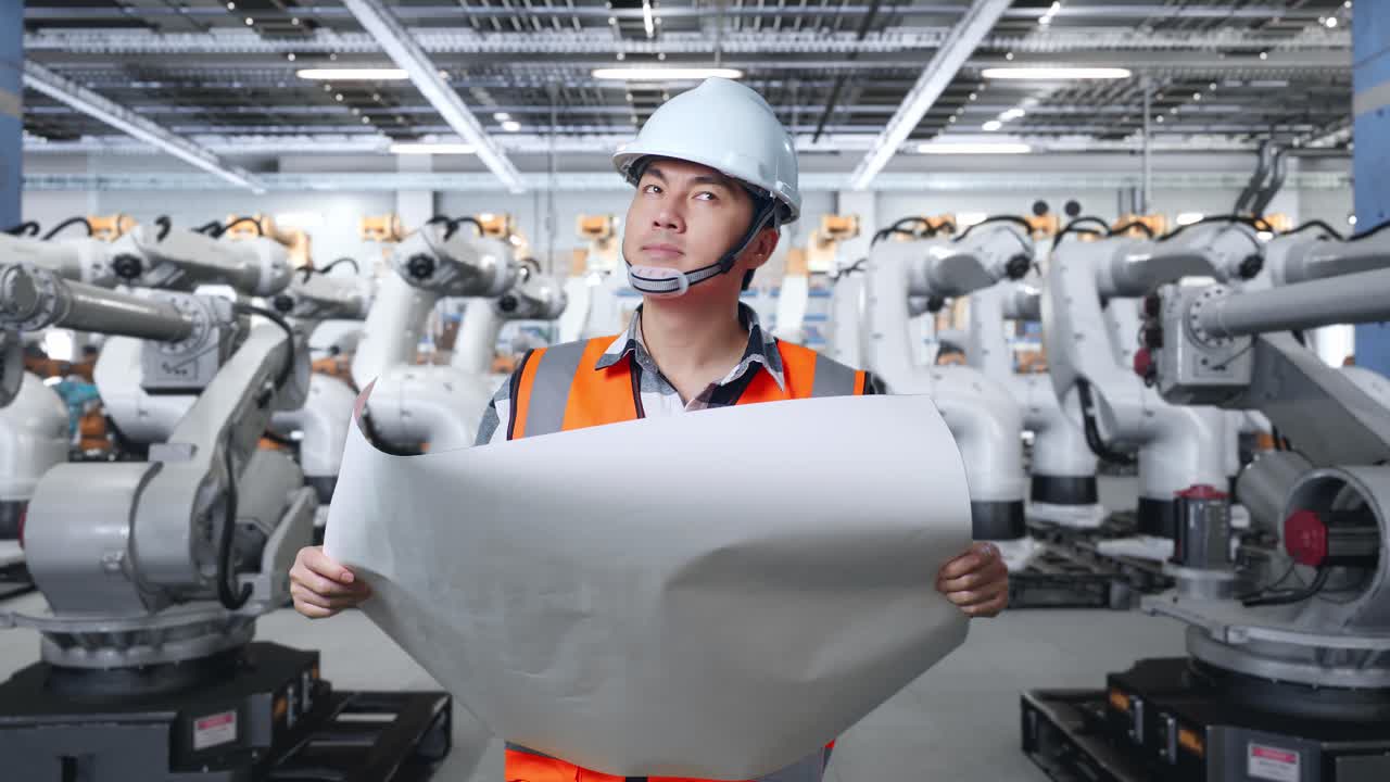 로 공장에서 계획을 검토하는 엔지니어