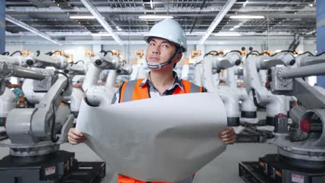 ingeniero revisando planos en una fábrica de robótica