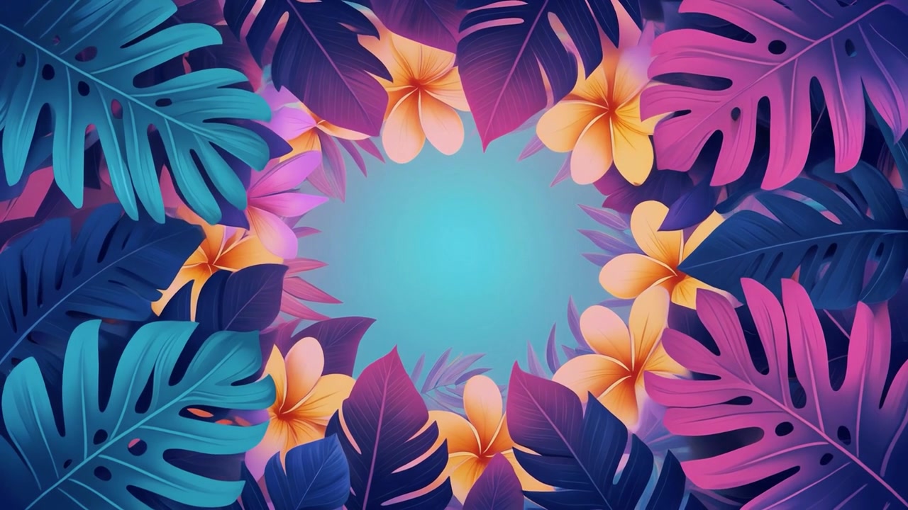 Cornice floreale tropicale con foglie di Monstera vivaci e fiori di Plumeria