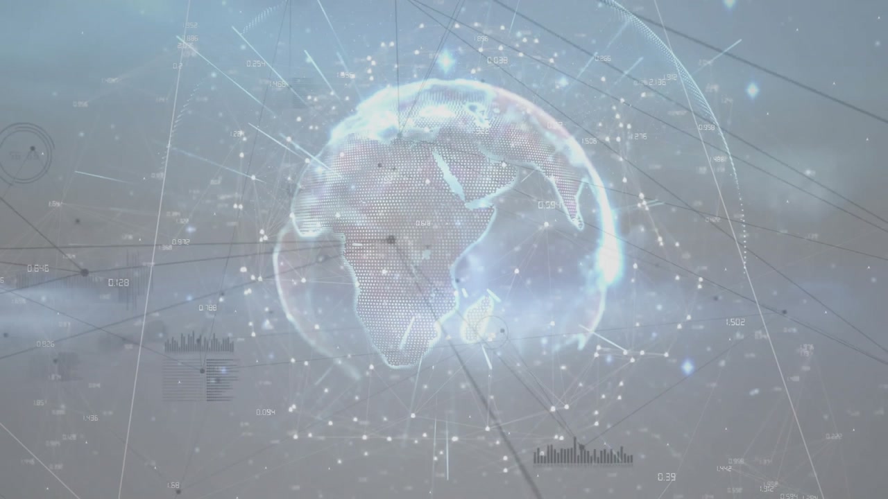 Upon grid appearing, digital globe emerging, rotating, dots forming continents, showing data flow