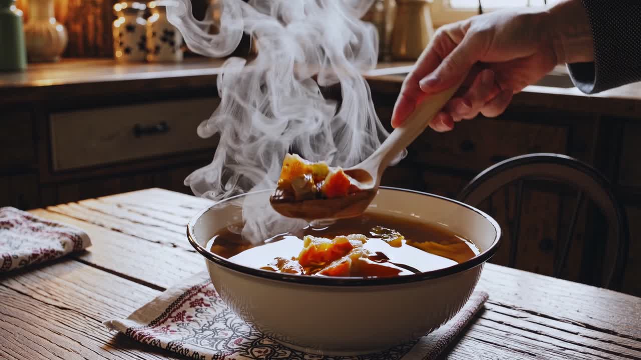 A cozy kitchen scene video with a close-up angle of a hand serving steaming soup, capturing a warm