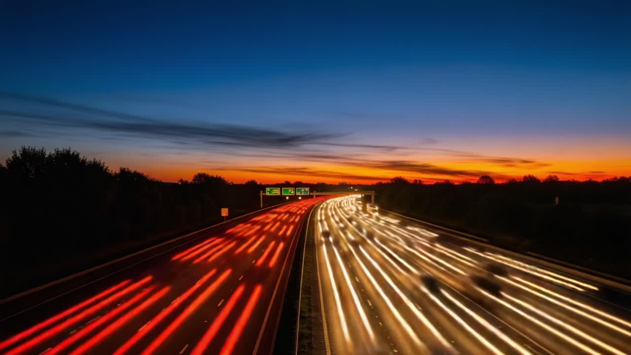 A Stunning Twilight Highway Scene Capturing the Flow of Traffic with Glowing Light Trails Against a Beautiful Sunset Background