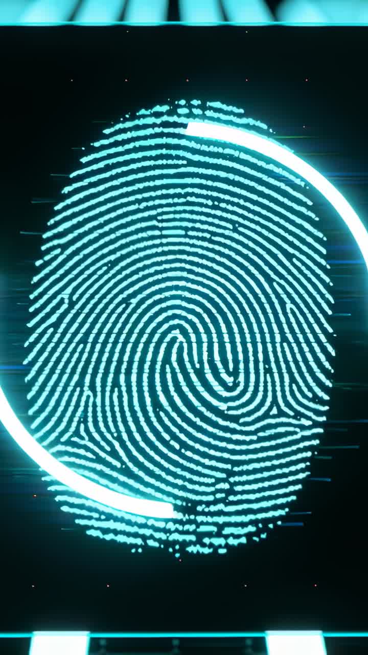 Vertical video: Starting dark HUD rotating arcs scanning cyan print on request, showing ID match