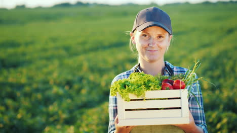 Cheerful-Woman-Farmer-With-A-Box-Of-Vegetables-Stands-On-The-Background-Of-The-Field