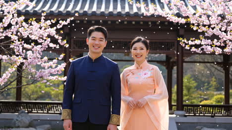 couple in traditional chinese clothing under cherry blossoms