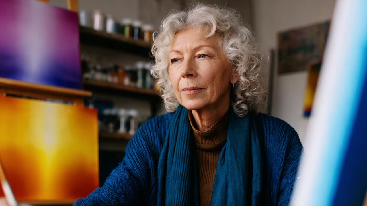 Un'artista riflessiva nel suo studio: catturare l'essenza del processo creativo con aree di lavoro colorate e un'espressione pensierosa, che incarna la passione per l'arte e coltiva l'ispirazione in un ambiente artistico