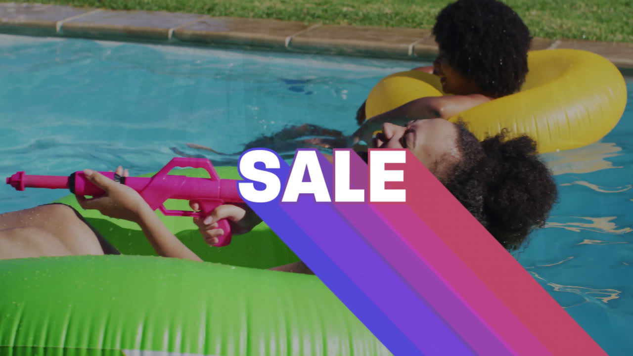Relaxing on pool floats, people with SALE animation over colorful stripes