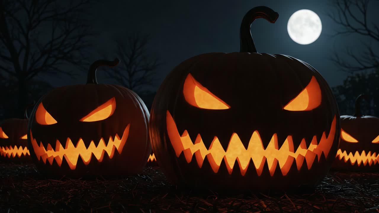 Una scena inquietante di sinistre Jack-o'-Lantern illuminate dalla luna piena in un'atmosfera spettrale di notte di Halloween, circondate da alberi e ombre inquietanti.