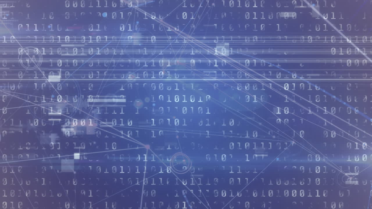 Animation of network of connections and data processing on blue background