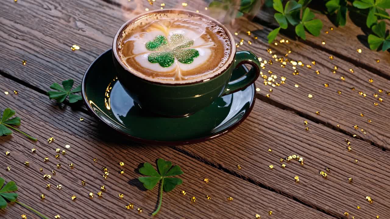 Aromatic cappuccino with a four leaf clover design and gold glitter on a wooden table, surrounded by shamrocks, celebrates St. Patrick's Day