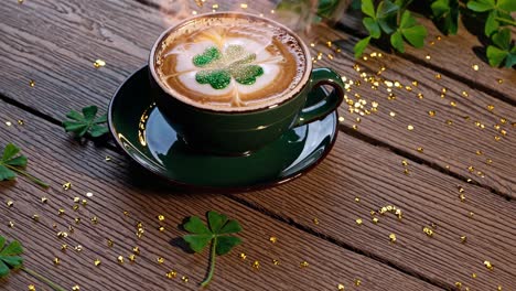 aromatic cappuccino with a four leaf clover design and gold glitter on a wooden table, surrounded by shamrocks, celebrates st. patrick's day