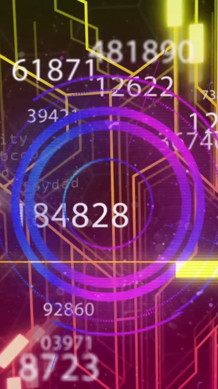 Animation of arrow around circles and changing numbers over lines against computer language