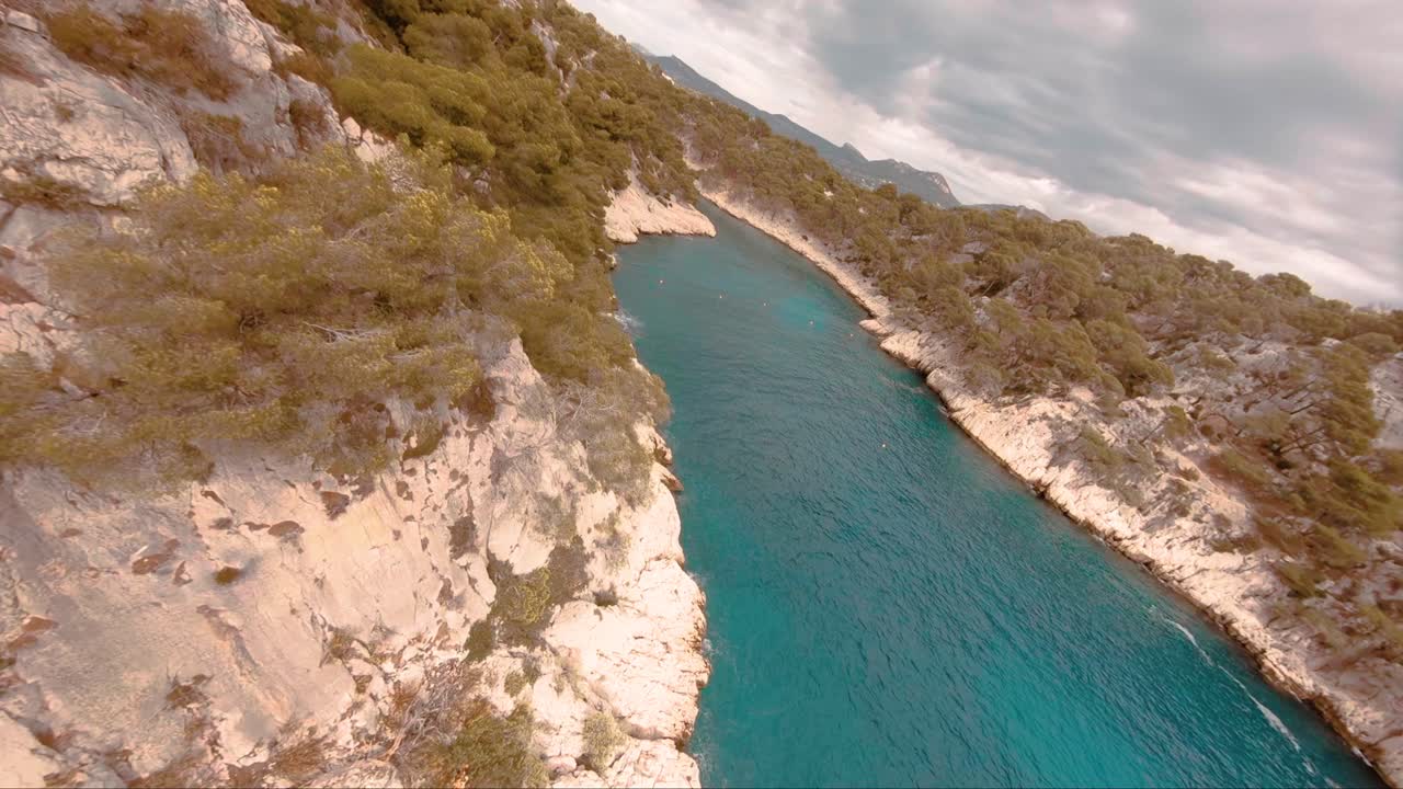 tiro rápido fpv sobre las copas de los árboles y el océano mediterráneo en cassis, francia