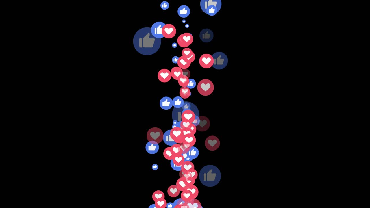 love and like emoji particles floating upwards animation isolated on black background