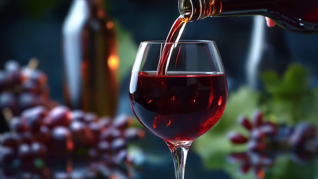 Un ricco vino rosso si versa in un bicchiere trasparente. I grappoli d'uva si intravedono delicatamente sullo sfondo. Una bottiglia scura si profila, suggerendo profondità e ricchezza. La luce illumina delicatamente la scena. Il momento appare tranquillo, intimo.
