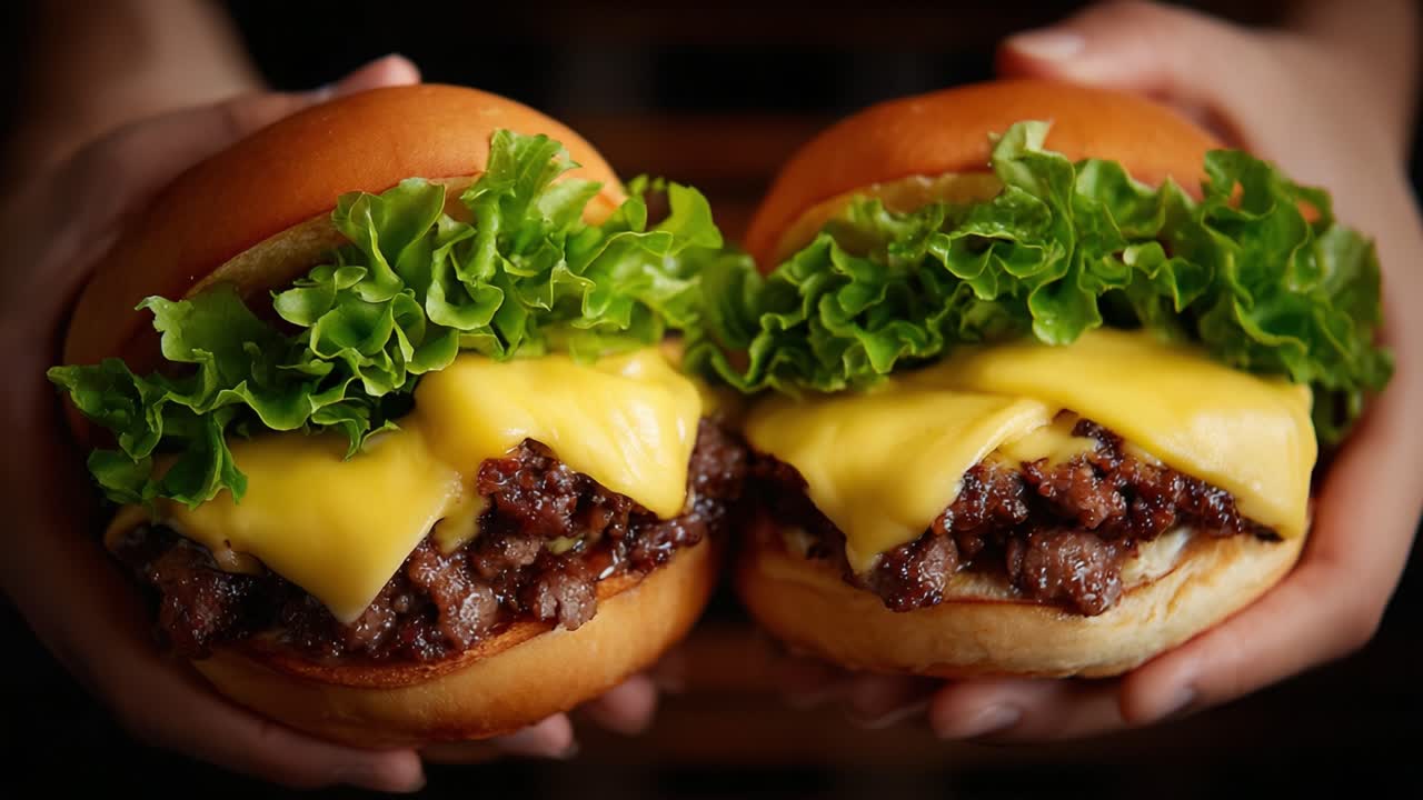A Delicious Close-Up of Perfectly Grilled Cheeseburgers Topped with Fresh Lettuce and Melted Cheese, Held by Hands Against a Dark Background of a Gourmet Feast