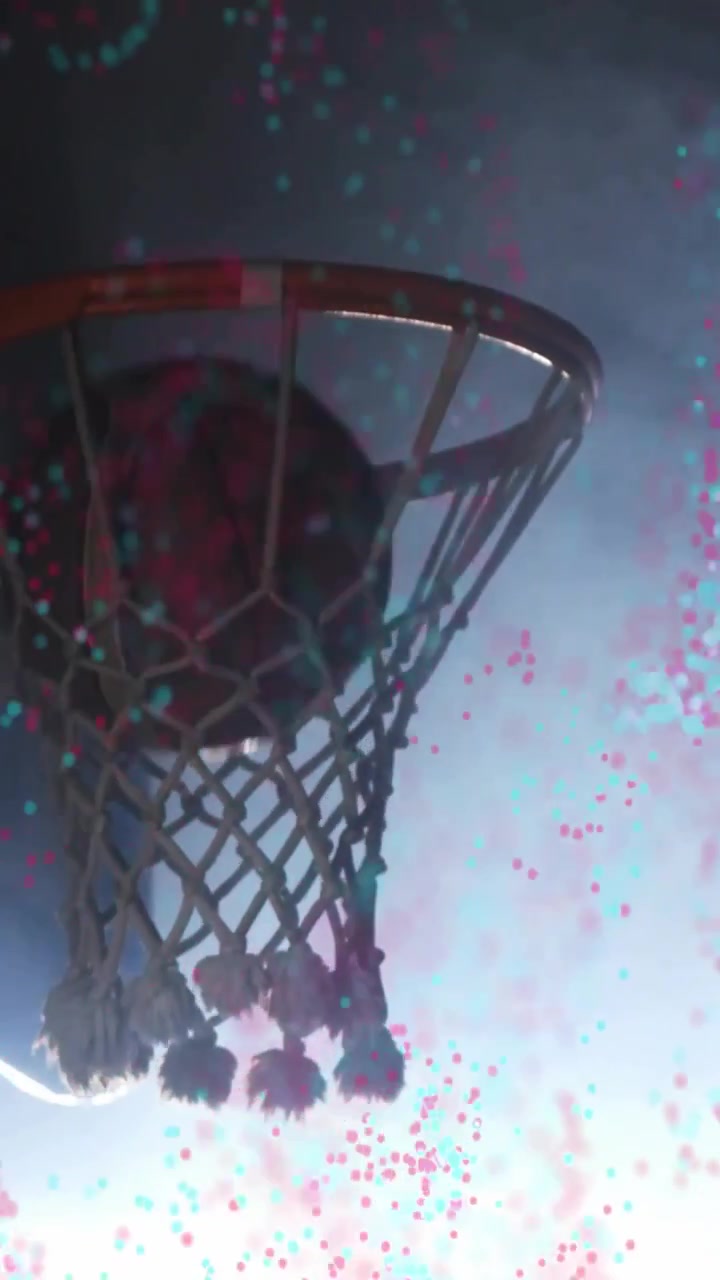 Braccio che lancia la palla attraverso il canestro in palestra, top sportivo scuro, particelle ciano magenta.