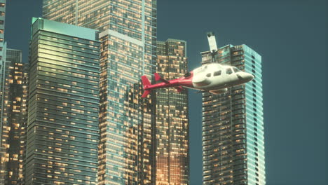 helicóptero vuela a través del centro de la gran ciudad