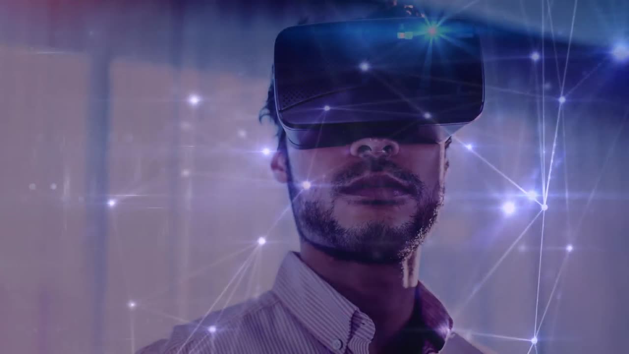 animación de la red de conexiones sobre el hombre que usa auriculares vr