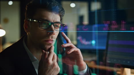 sales trader talking mobile phone in data hologram closeup. focused man thinking