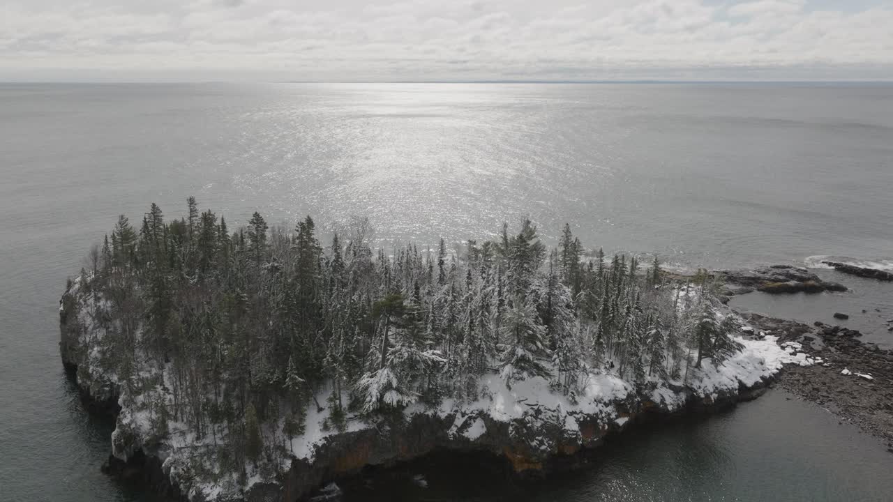 Ellingson Island On Lake Superior With Calm Water - Split Rock State Park In Minnesota, USA. - aerial shot