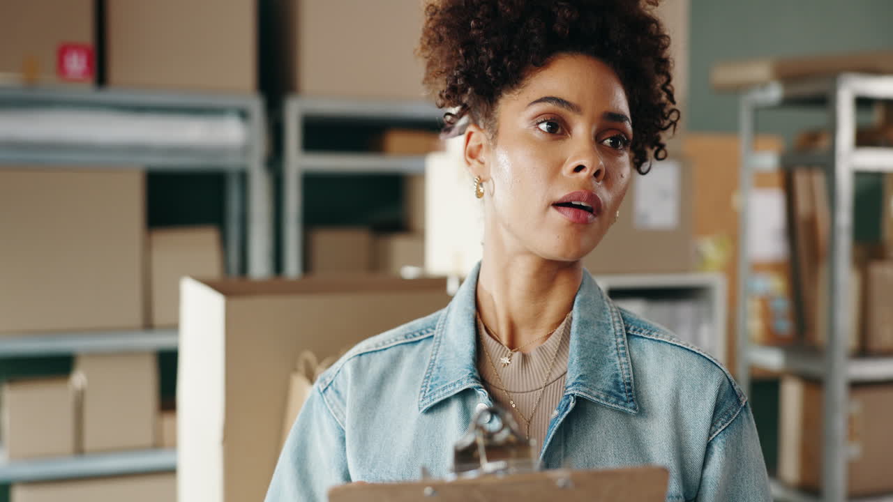 Woman with Clipboard in Warehouse