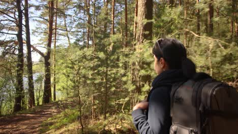 hiking woman walk with a hiking backpack in spring green forest