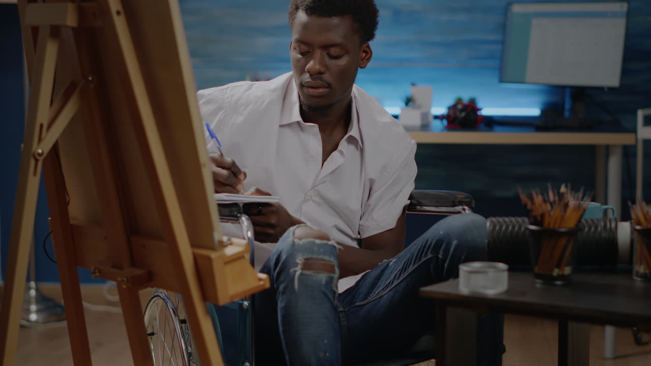 Invalid artist of african american ethnicity working on sketch