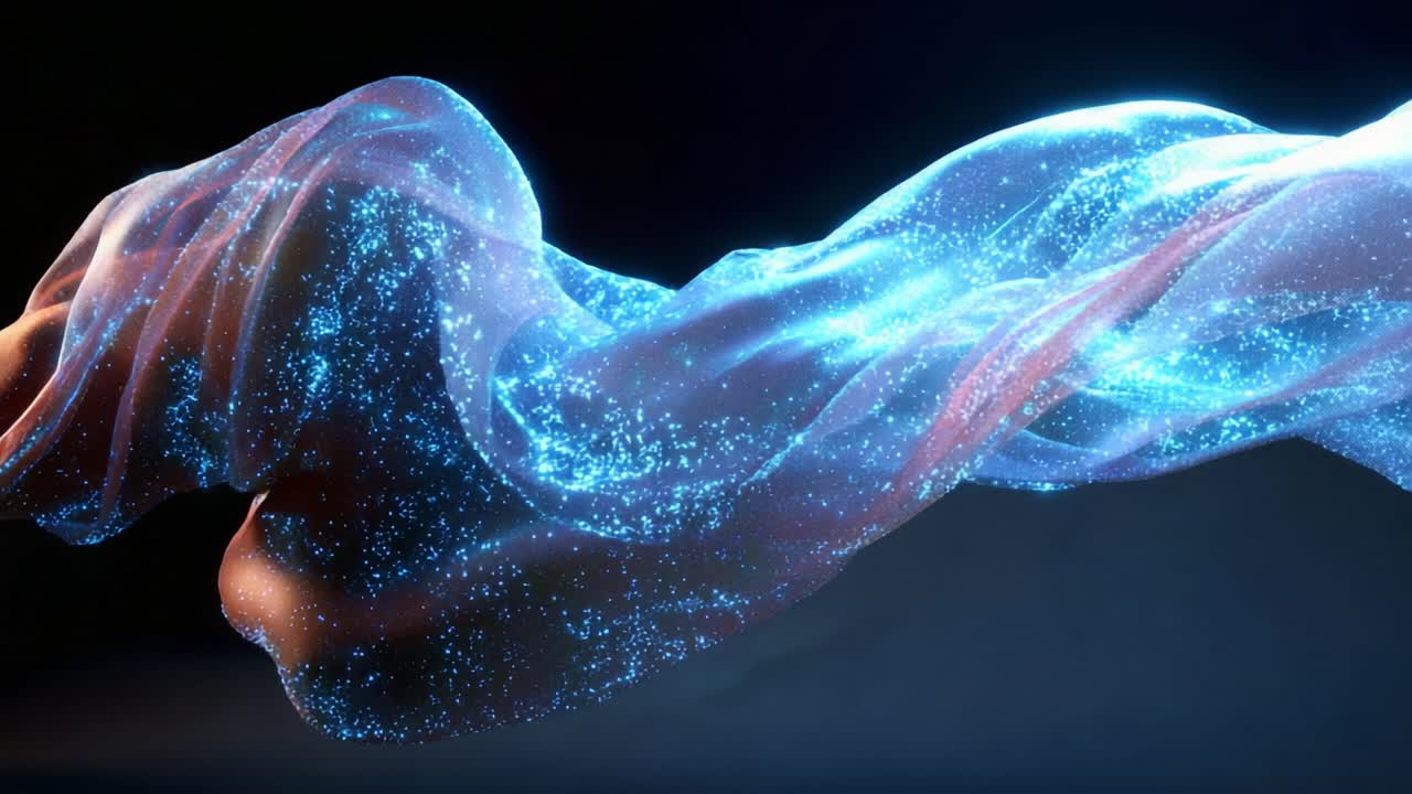 A mesmerizing display of colorful light and ethereal transparency, this visual captures the enchanting flow of shimmering particles through translucent fabric, creating a hypnotic, dream-like atmosphere