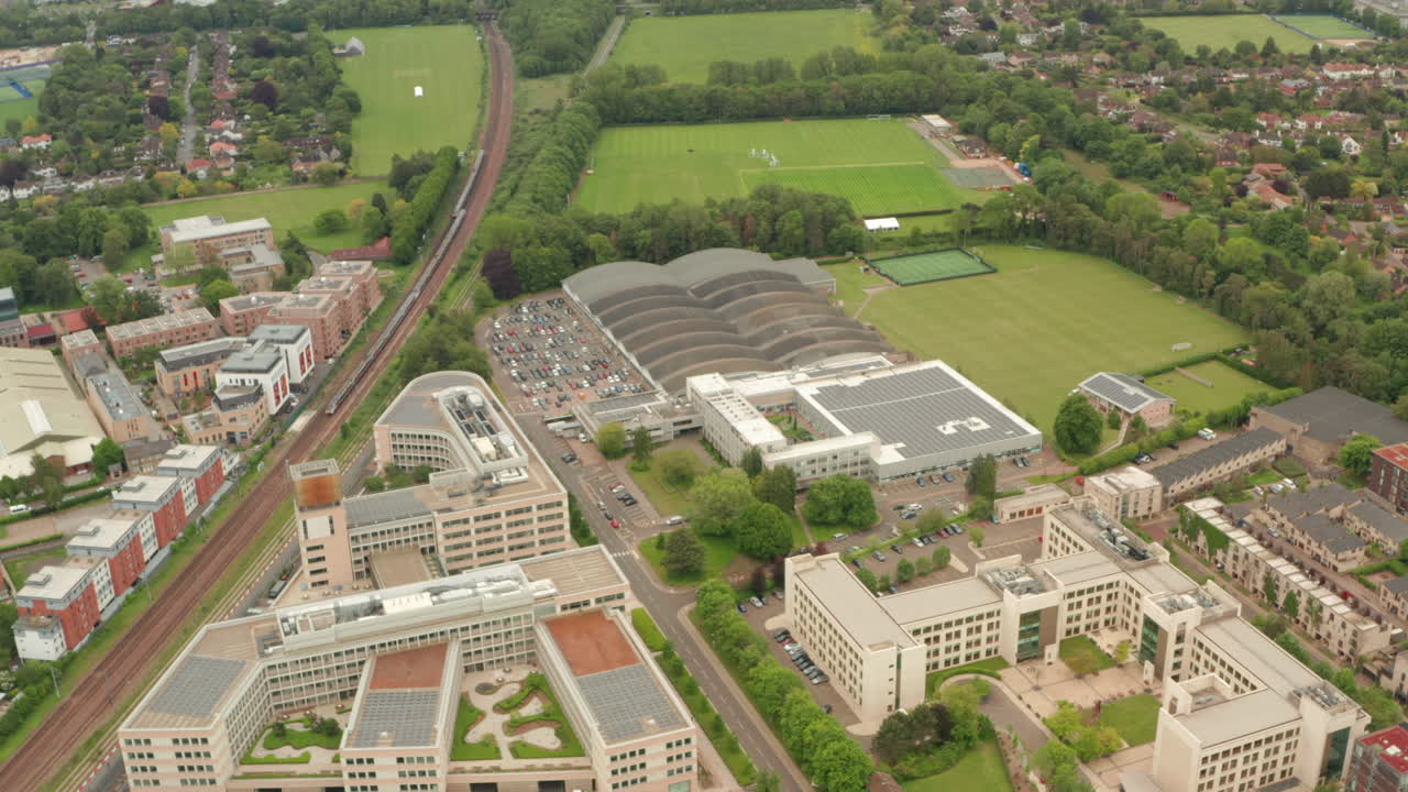 Aerial shot over Cambridge university press and assessment building