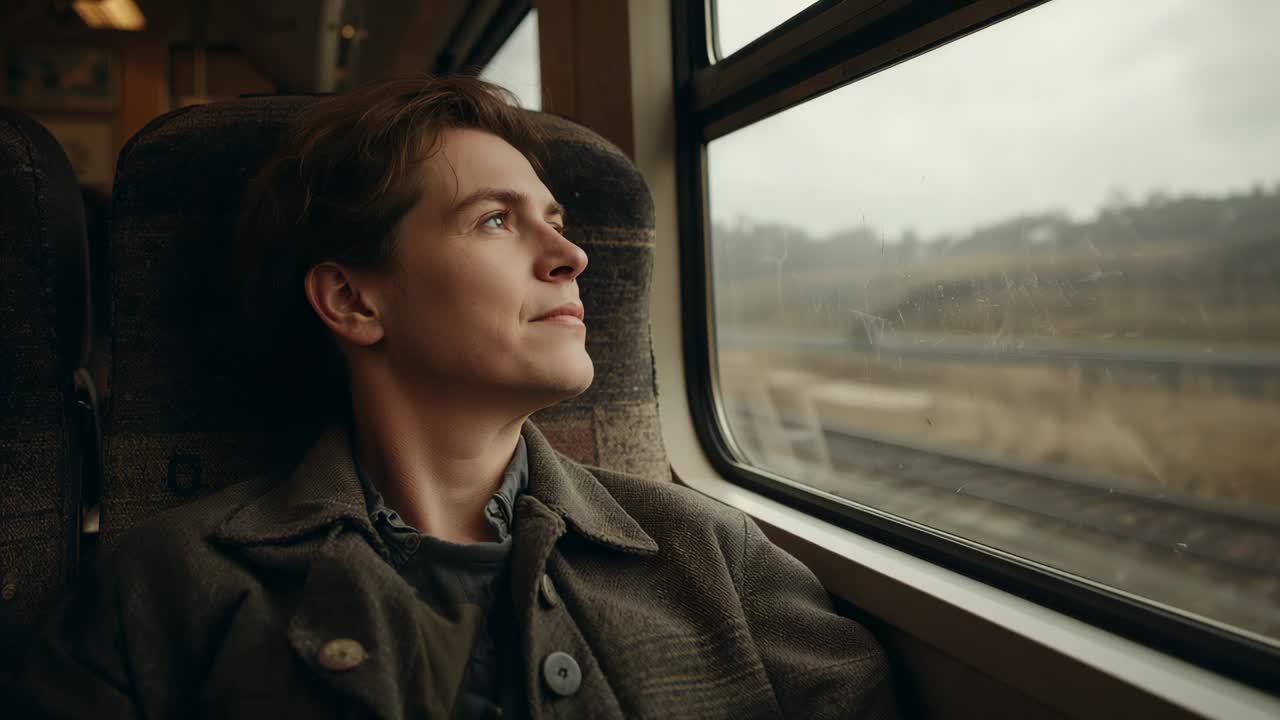 Passeggero uomo, indossando un cappotto, osserva i campi che scorrono attraverso il finestrino del treno dopo la partenza.