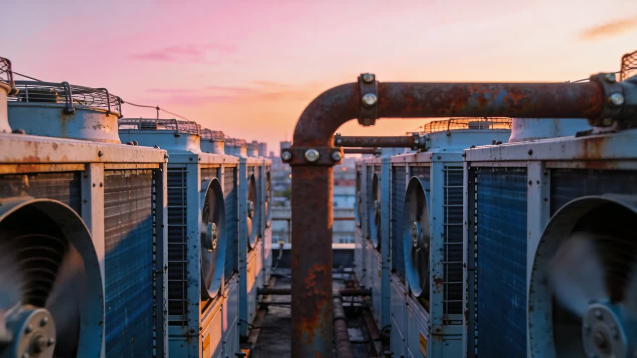 La telecamera si allontana mostrando un tubo arrugginito, unità condensatrici, ventole che girano, con l'alba che assiste un'indagine HVAC.