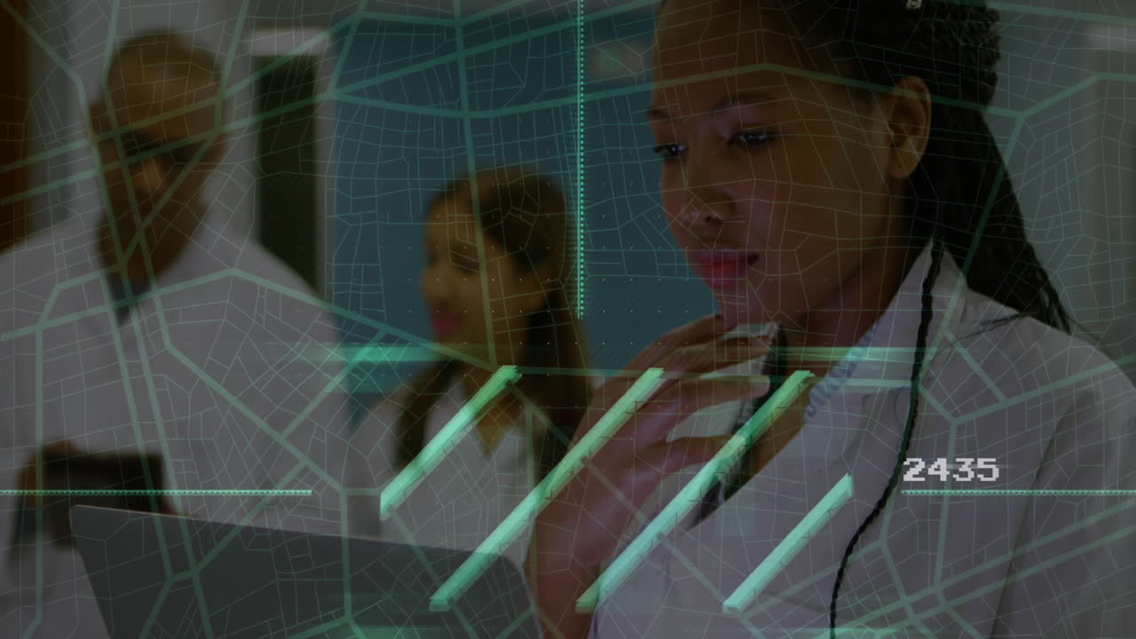 Analyzing data with digital graphs, business professionals collaborating in office